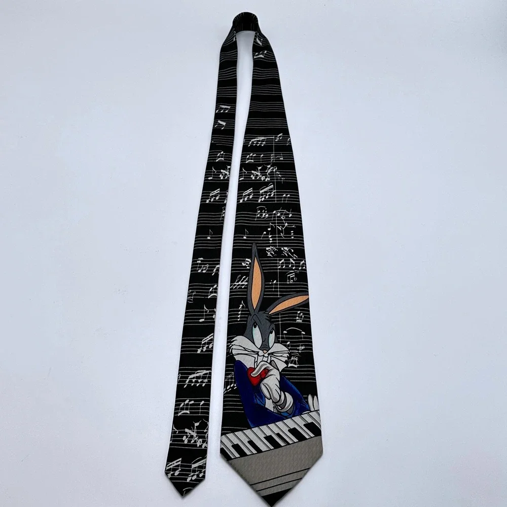 Vintage 1995 Looney Tunes Bugs Bunny Piano Music Note Black Novelty Tie Mens
